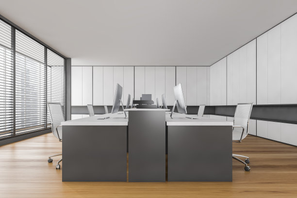 白色的办公室里有桌子和电脑，镶木地板上有扶手椅图片下载