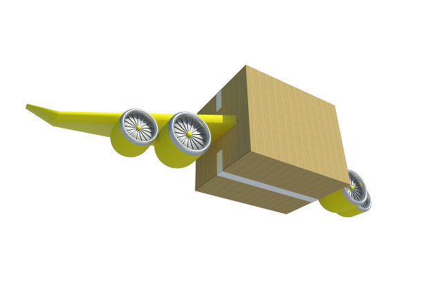3D插画：带飞机机翼和喷气发动机的盒子，用于白色背景下的快速交付服务图片下载