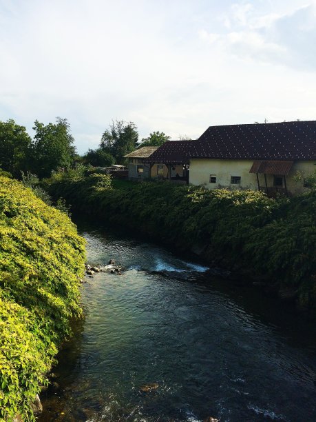 日落时，一条狂暴的河流，两岸碧绿。图片下载