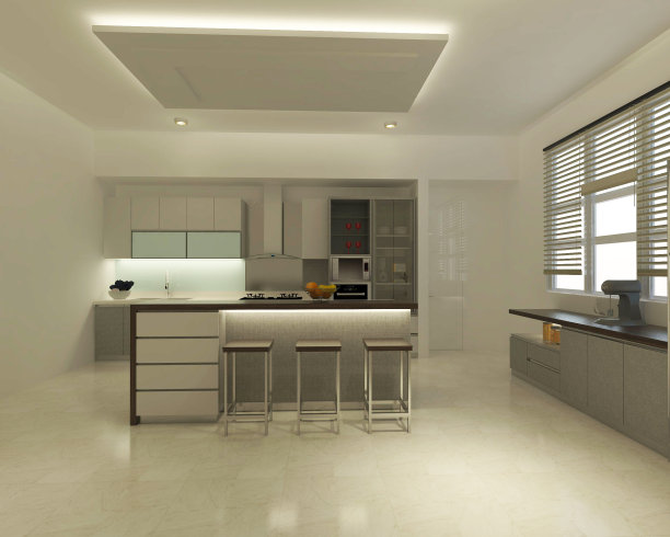 现代厨房橱柜设计与极简主义岛酒吧桌子图片下载