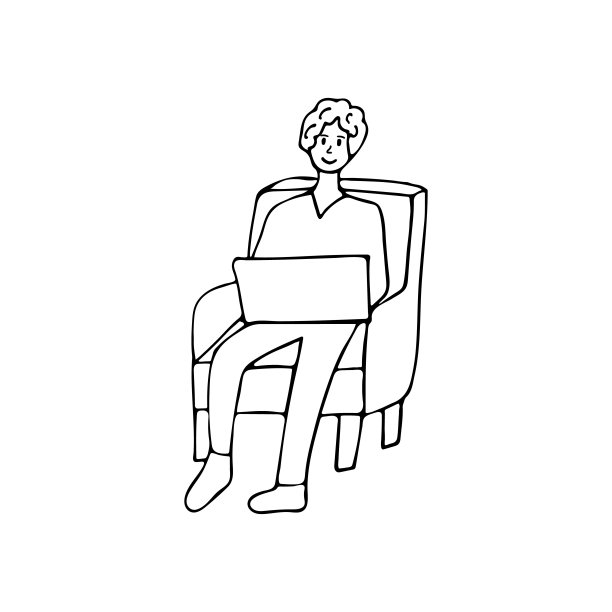 一个年轻人坐在扶手椅上，在笔记本电脑上工作。一个年轻人坐在扶手椅上用笔记本电脑工作。在家工作涂鸦的概念图片下载