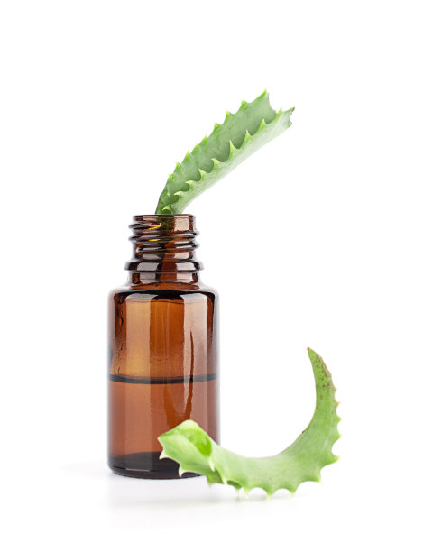 装有精油和新鲜芦荟叶的玻璃瓶。图片下载