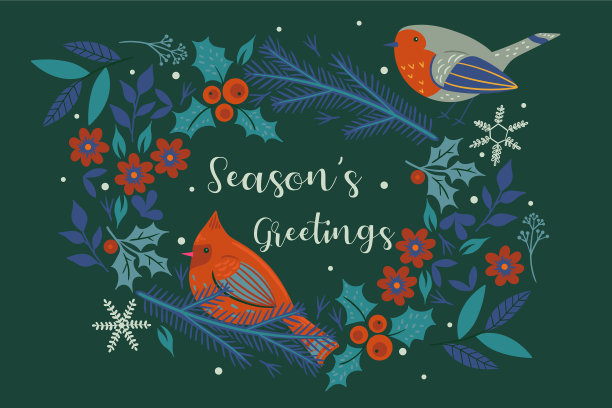 献上节日的问候，圣诞的花环和小鸟。图片下载