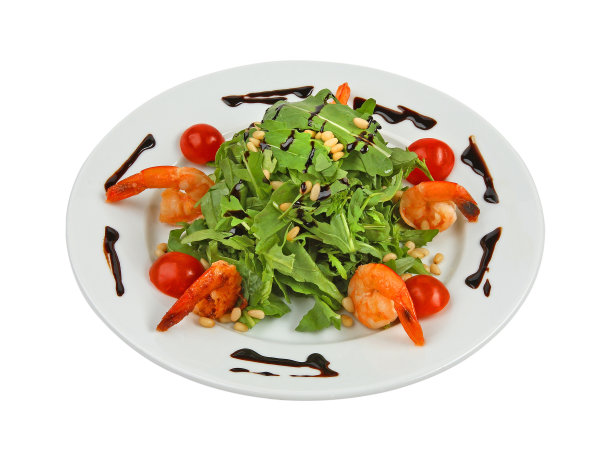 健康新鲜的沙拉，虾，芝麻菜和松子图片下载