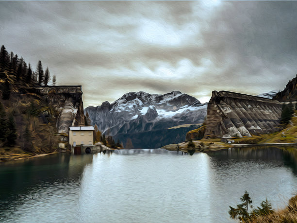 高山景观俯瞰湖泊和格伦诺峡谷的旧大坝现已倒塌图片下载