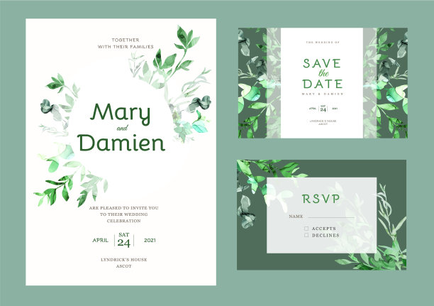 用绿叶装饰的婚礼请柬图片下载
