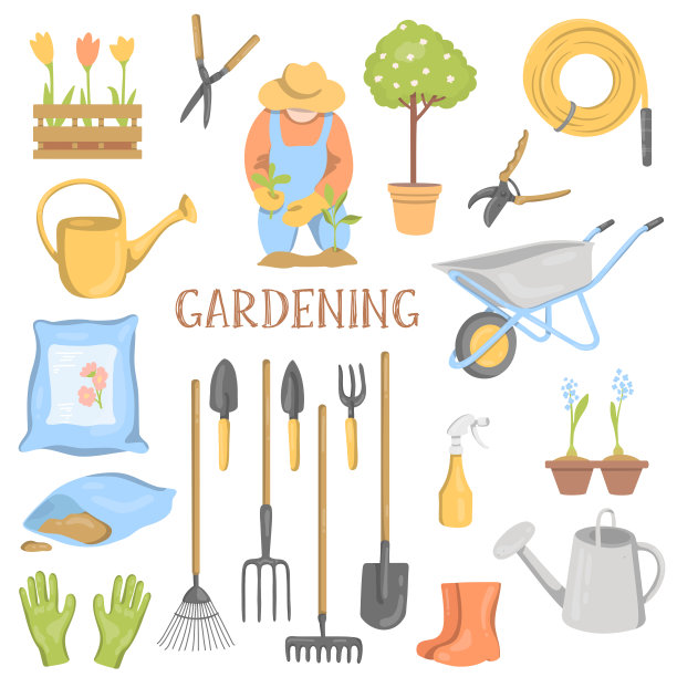 收集园艺工具和植物。图片下载