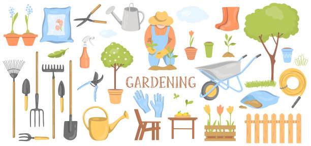 收集园艺工具和植物。图片下载