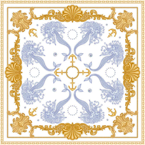 矢量披巾打印在白色的背景。时尚的金链和锚纹，巴洛克式幻想卷轴，蓝色美丽的美人鱼和珍珠。围巾、大手帕、围巾、丝绸补丁、地毯图片下载