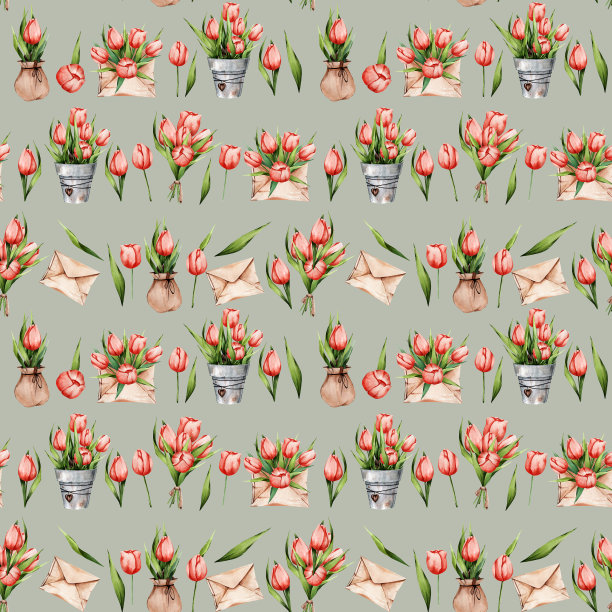 水彩模式与郁金香在绿色的背景。信封里的花，花盆里的花，一束花。适用于装饰礼品、花束等图片下载