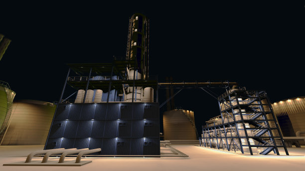 油气炼制工业建筑夜光透视。3 d渲染。图片下载