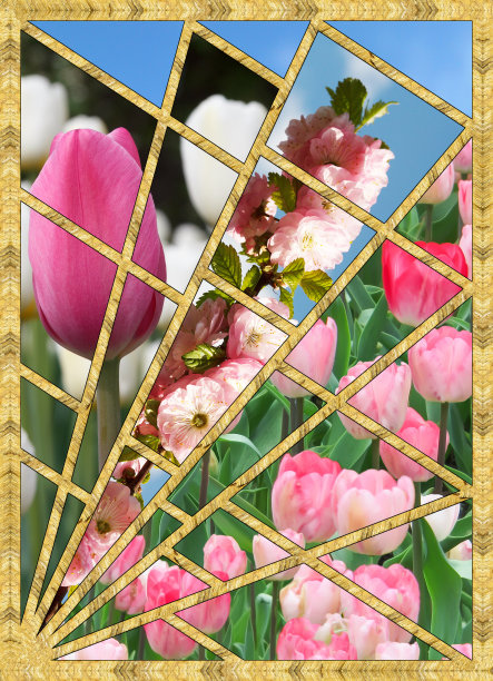 现代的镶嵌,镶嵌。彩色玻璃风格的插图。装饰艺术背景。几何图案。花的纹理和金色的人造石结构。抽象印刷，创意瓷砖表面。图片下载