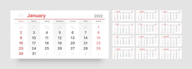 2022年的月历。一周从周日开始。图片下载