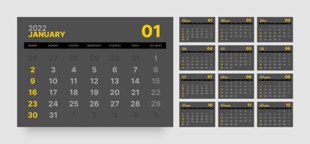 2022年的月历。一周从周日开始。图片下载