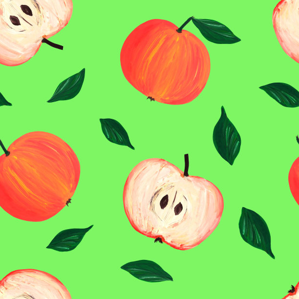 苹果多汁的水果无缝p- pattern。亮绿色背景。手绘插图在水粉。壁纸设计，背景，织物，纺织品，咖啡馆，餐厅，度假村，异国情调，包装图片下载