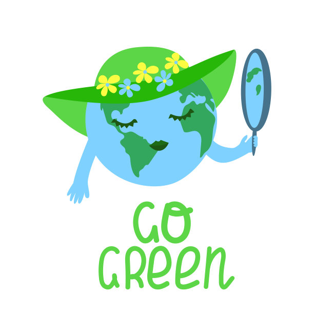 可爱的插画行星地球戴着一顶带花的帽子，看着镜子。绿色环保图片下载