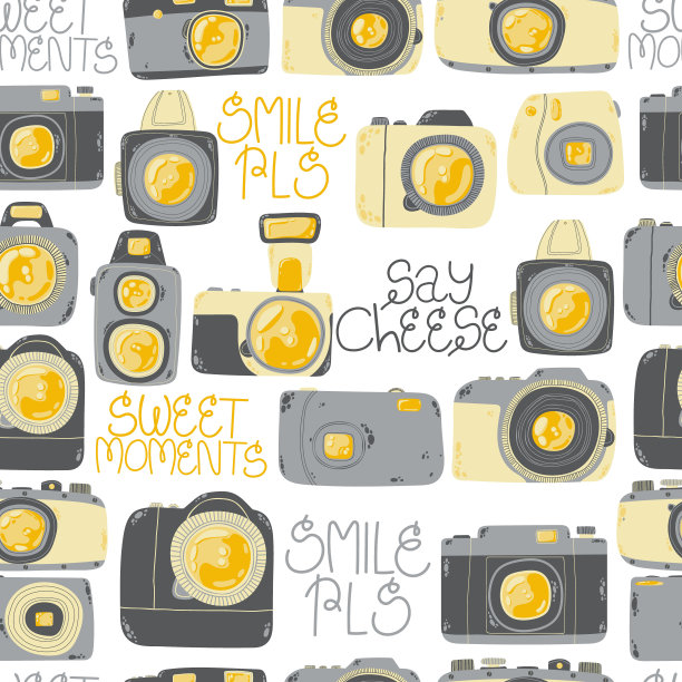 可爱的无缝图案与相机卡通风格。背景与复古，单反，即时和数码相机在平面设计。矢量无尽的背景与可爱的手绘相机。图片下载