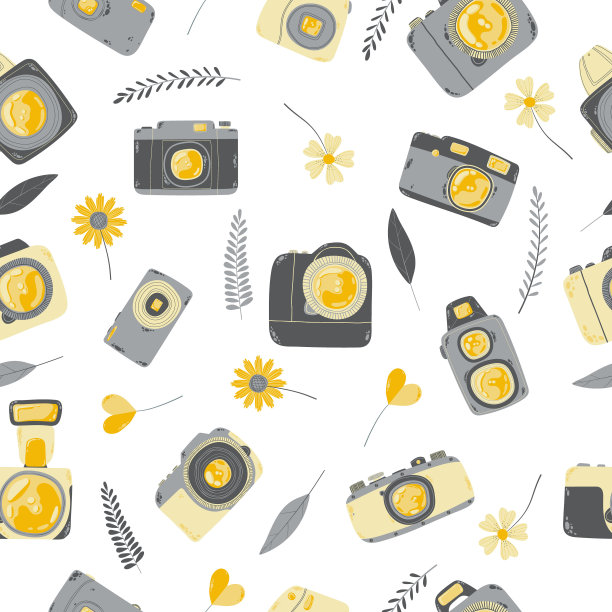 可爱的无缝模式与照片相机在卡通风格。背景与复古，单反，即时和数码相机在平面设计。向量无限的背景与可爱的手绘相机。图片下载