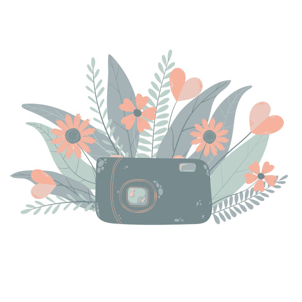 可爱的彩色数码相机与鲜花在平面卡通风格。矢量手绘紧凑型相机与彩色粉彩花卉插图。孤立在白色背景上。图片下载