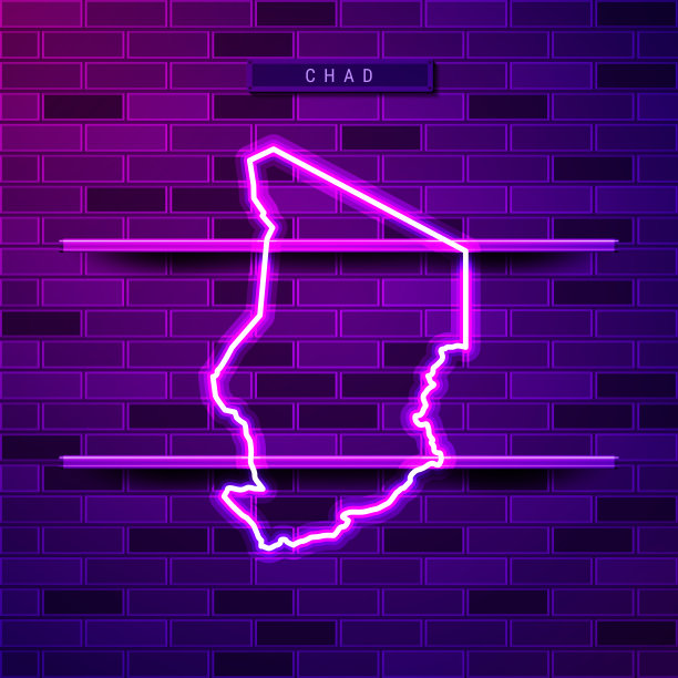 查德地图上紫色霓虹灯闪闪发光的标志图片下载