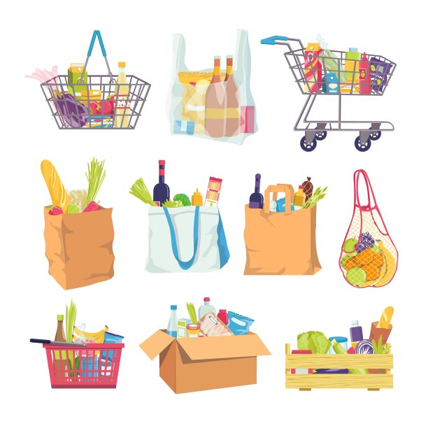 杂货店食品在商店的篮子，购物车元素设置矢量插图。购物袋贴纸设计。食品包装在商店塑料袋。图片下载