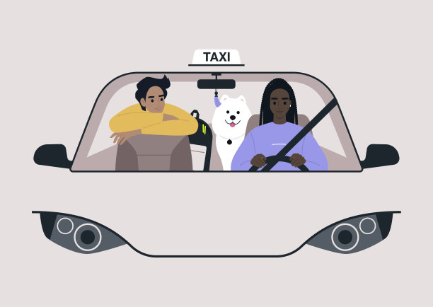 城市出租车服务，两个人物和一只狗骑着一辆车，一幅挡风玻璃的风景图片下载