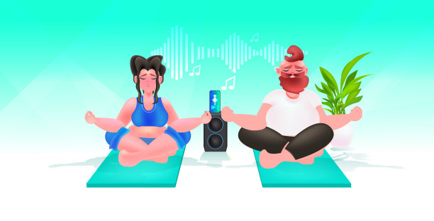 年轻情侣坐荷花姿势和听音乐放松健康的生活理念图片下载