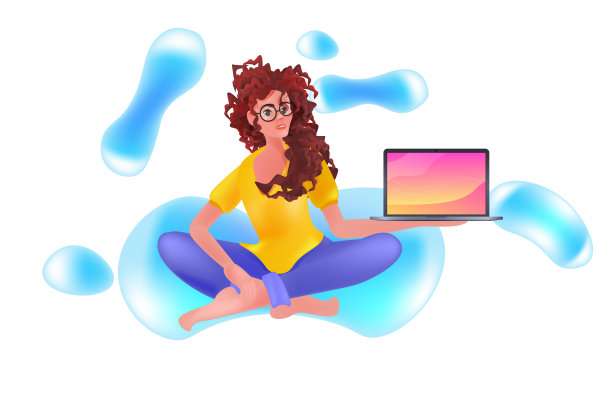 年轻女子坐莲花姿势和使用笔记本电脑社交媒体传播概念水平图片下载