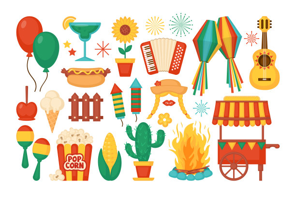 节日朱尼纳节日元素和图标设置。巴西拉丁美洲节日庆祝概念。贺卡和横幅模板。图片下载