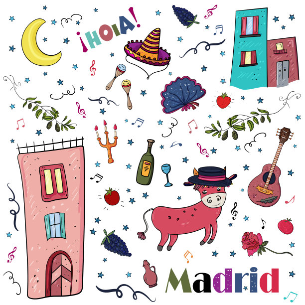 你好马德里，西班牙收集任何设计元素。图片下载