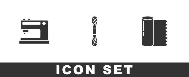 设置缝纫机、纱线和纺织面料卷图标。向量图片下载