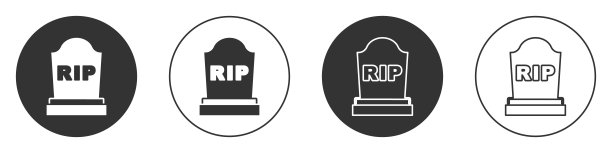 黑色墓碑上写着RIP，图标孤立在白色背景上。严重的图标。圆按钮。向量图片下载