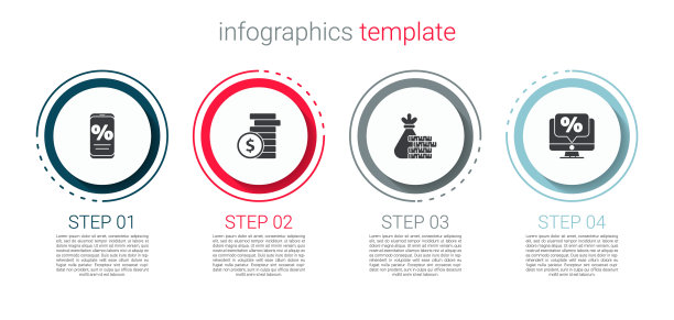 设置百分比折扣和移动，硬币金钱与美元，钱袋硬币和显示器。业务信息模板。向量图片下载