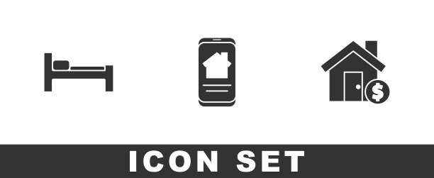 设置床，在线房地产房子和房子与美元符号图标。向量图片下载