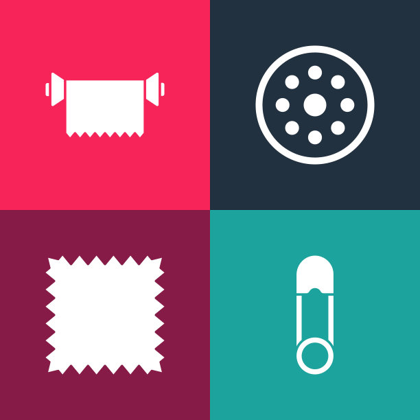 设置流行艺术安全别针，皮革，缝纫按钮和纺织织物卷图标。向量图片下载