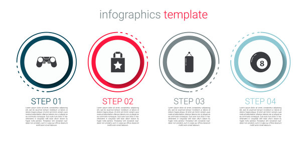 游戏手柄，购物袋，冲床和台球台球。业务信息模板。向量图片下载