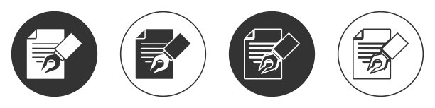 黑色考试表和铅笔与橡皮图标隔离在白色背景。试卷、考试或调查概念。学校考试或考试。圆按钮。向量图片下载