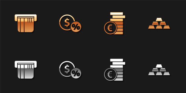 设置信用卡，货币硬币与百分比，硬币货币欧元符号和金条图标。向量图片下载