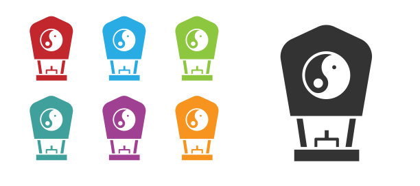 白色背景上的黑色中式纸灯笼图标。设置彩色图标。矢量图片下载