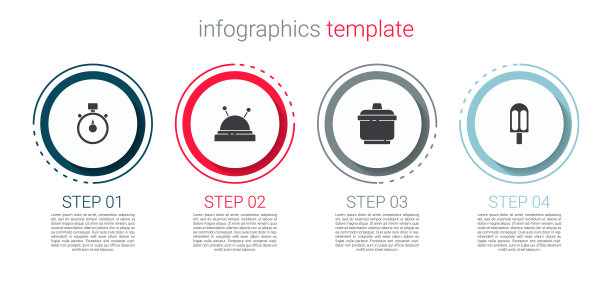 设置秒表，针床和针，烹饪锅和冰淇淋。业务信息模板。向量图片下载