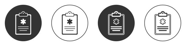 黑色医疗剪贴板，白色背景上孤立有临床记录图标。医疗保险形式。处方，体检记录报告圆按钮。向量图片下载