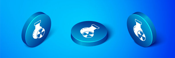 等距实验室化学烧杯与有毒液体图标隔离在蓝色背景。生物危害的象征。带有辐射图标的危险符号。蓝色圆按钮。向量图片下载