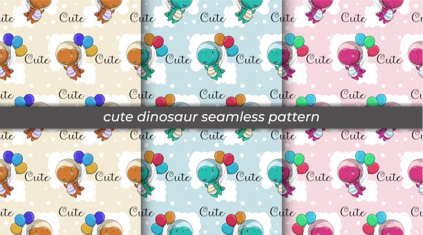 设定可爱的卡通恐龙与气球飞行图片下载