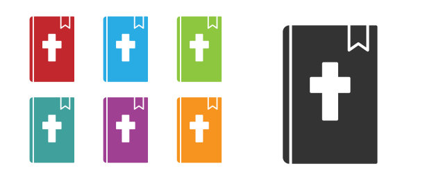 黑色神圣的圣经书图标孤立在白色的背景。设置图标丰富多彩。向量图片下载