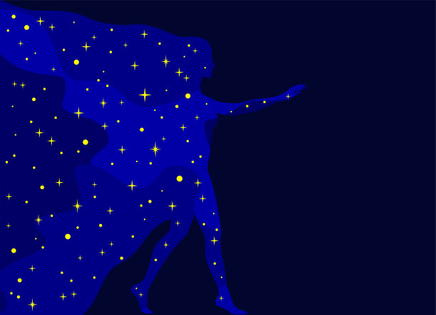 蓝色的宇宙，黄色的星星，在深蓝色的背景上，形成了一个女人的轮廓图片下载