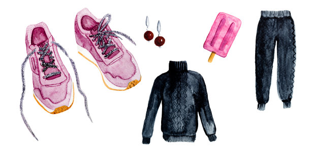 Set Sports pink shoes运动鞋和运动套装与冰淇淋水彩风格的插图孤立在白色的背景图片下载