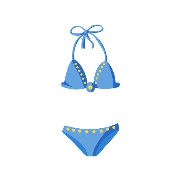 黄色图案的蓝色比基尼泳装。女人的泳衣。图片下载