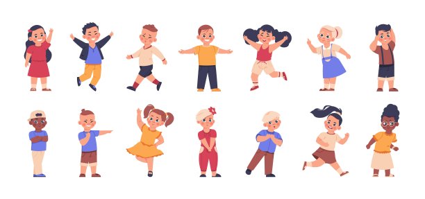 卡通的孩子。可爱的多元文化男孩和女孩，快乐的情绪。孩子们用手势打招呼。欢快的人物挥手，走或跑。向量年轻人的活动设置图片下载