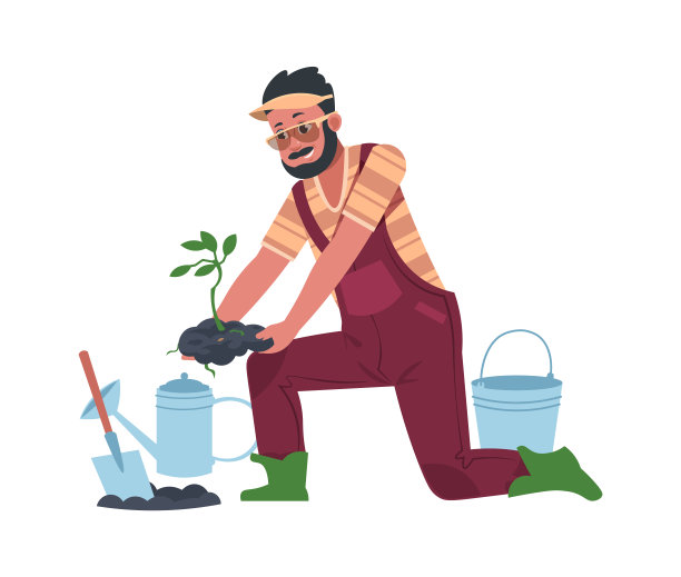 农民植物幼苗。卡通农业工人照料庄稼，园丁种植蔬菜。在花园里工作的人使用喷壶和铲子或水桶。矢量图图片下载
