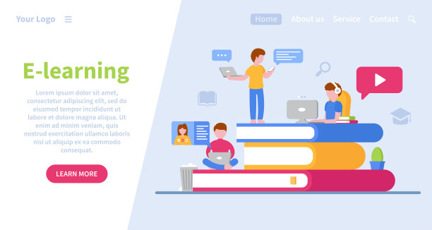 着陆页模板。隔离期间在家进行电子学习。在线教育学生在不同的职位和不同的设备在在线学习过程中。大的书。在线工作。新型冠状病毒肺炎图片下载